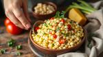 Mixing Corn Salad with Fresh Ingredients